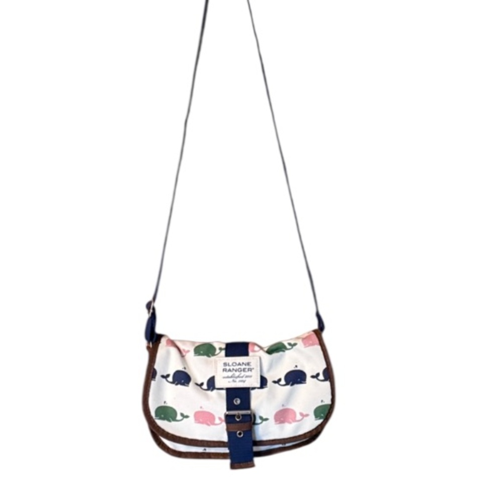 Compact Blue and White Crossbody Bag with Geometric Design